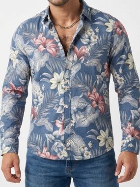 Spainsh Brand | Macson | Men's Blue Tropical Floral Long Sleeve Shirt - Large
